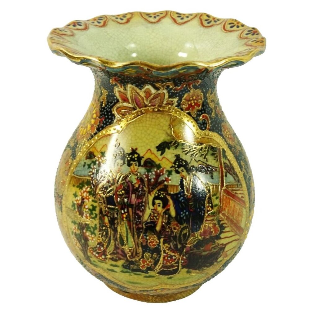Vintage Chinese Satsuma-Style Vase Scalloped Edges Geisha Butterfly Floral